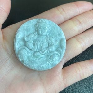 Natural Jade Carving Kwan Yin Female Buddha Round Loose Pendant